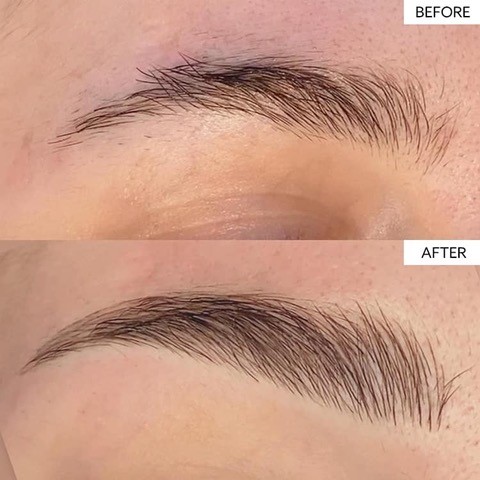 Before and after microblading treatment at Rebel Aesthetics in New Jersey showing natural hair-like brow strokes.
